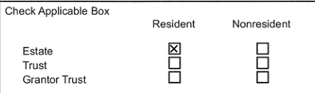 Each entity type has two choices: Resident and Nonresident. Estate / Resident is selected.